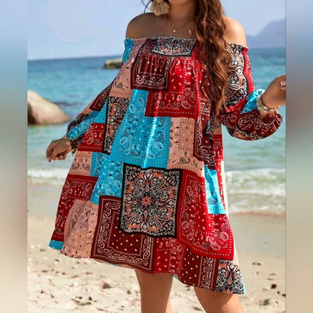 Patchwork Off the Shoulder Boho Summer Dress